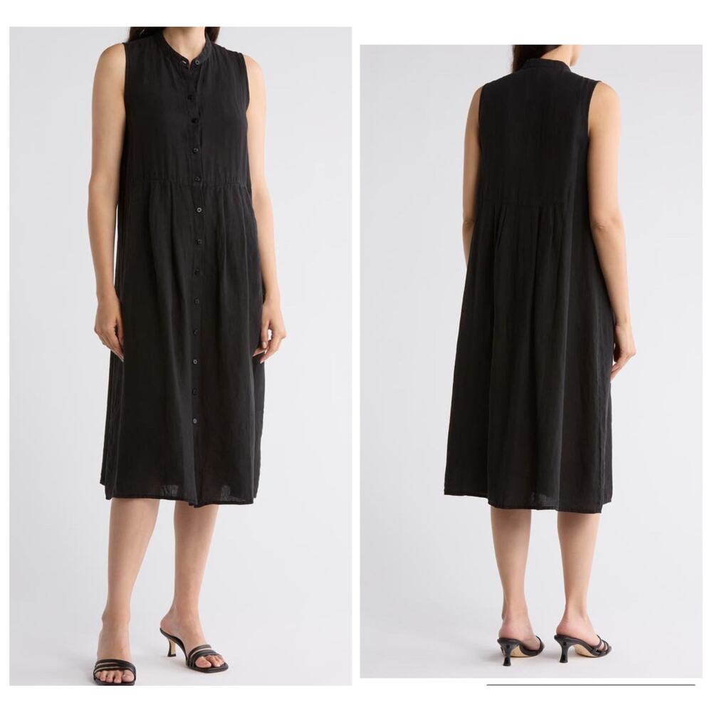 Eileen Fisher Organic Handkerchief Linen Mandarin Collar Pleated Dress Black L